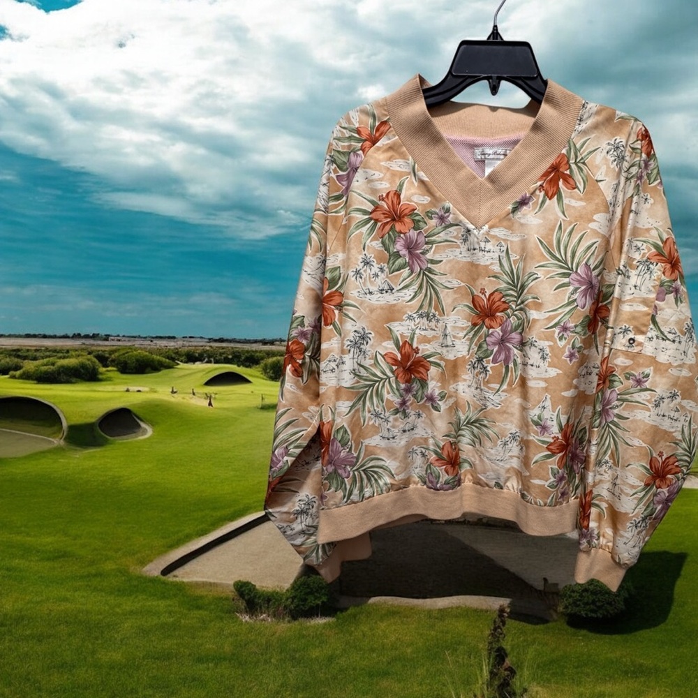 Tommy Bahama V-Neck golf top with tropical Floral Design vented zip sides xl